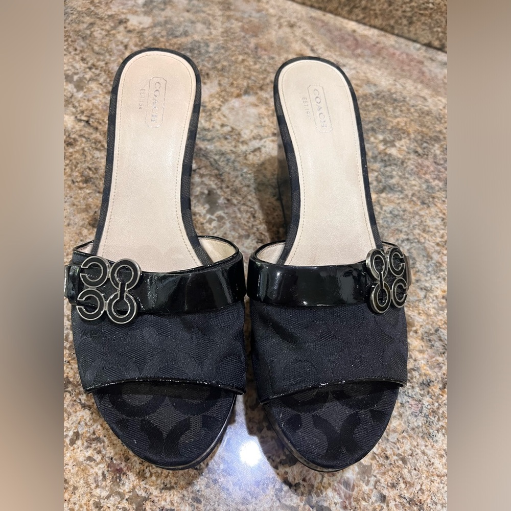 COACH GERI WEDGE BLACK PATENT LEATHER & CANVAS SLIDE SANDALS